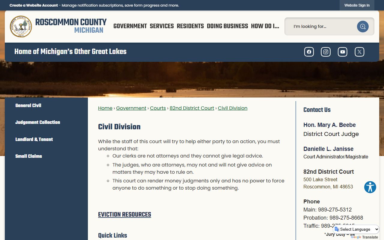 Roscommon County District Court civil division records that the County Clerk does not keep