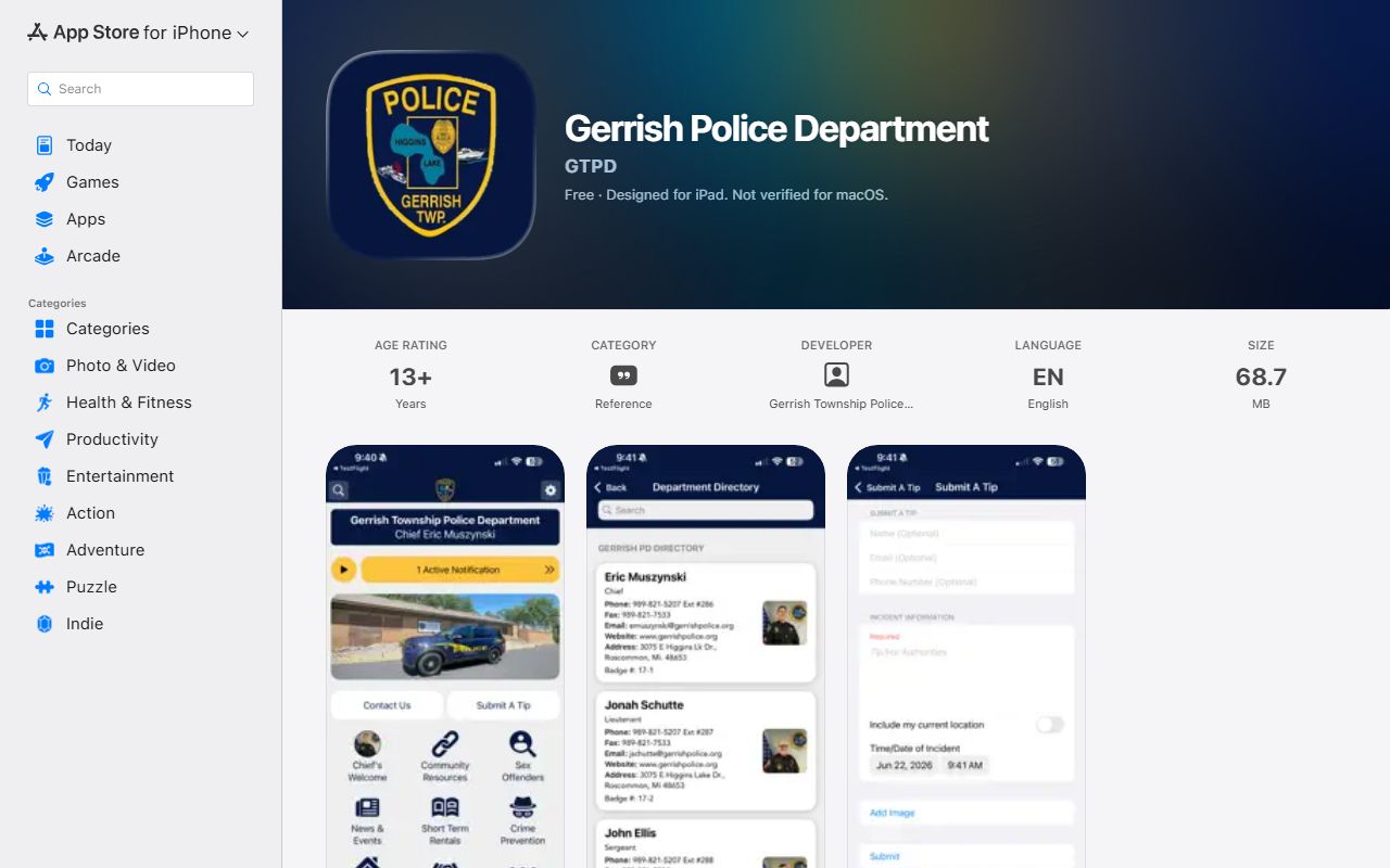 Gerrish Police Department app listing, a local Roscommon County public safety tool separate from clerk records