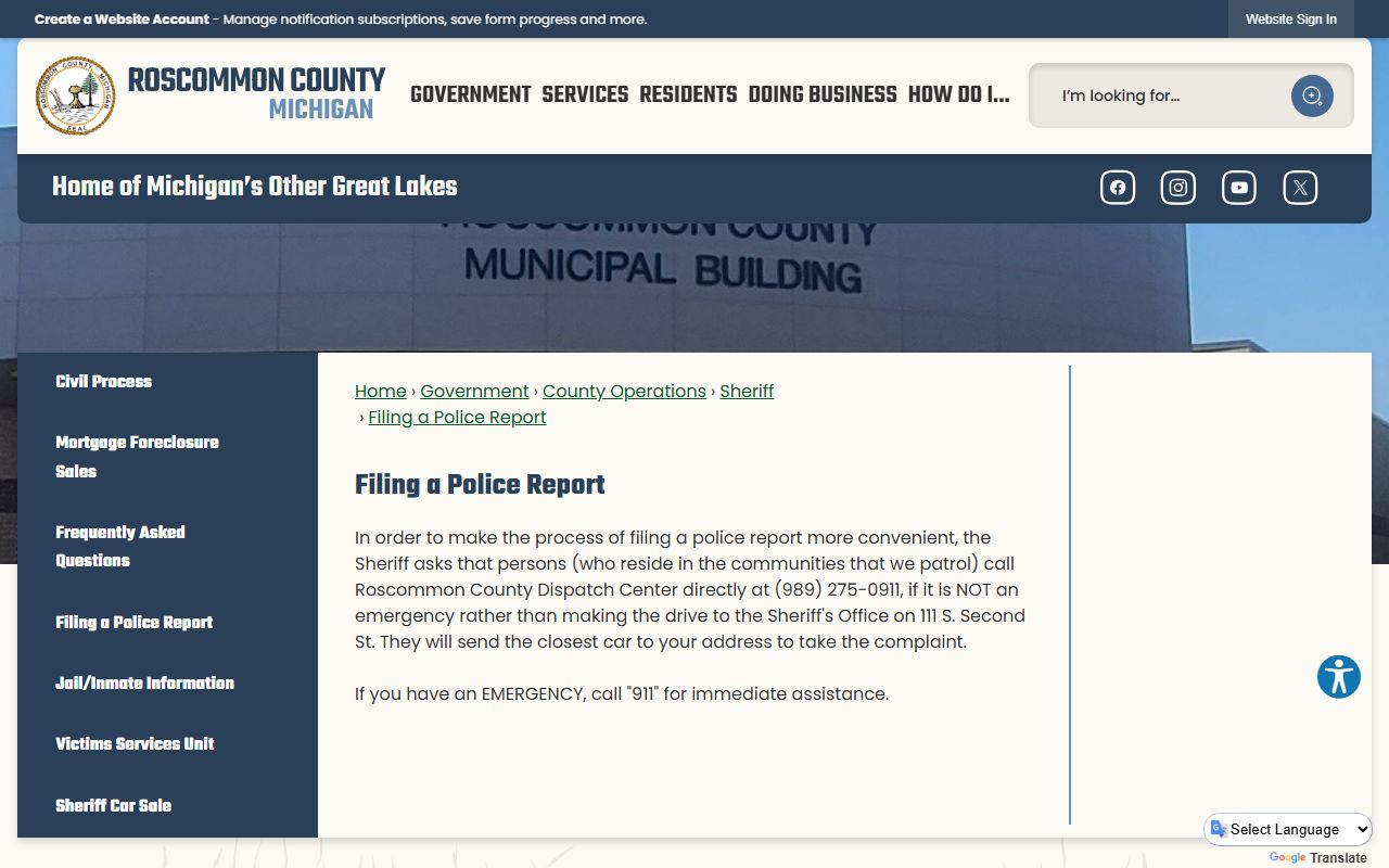 Roscommon County arrest records and police report filing through the Sheriff's Office