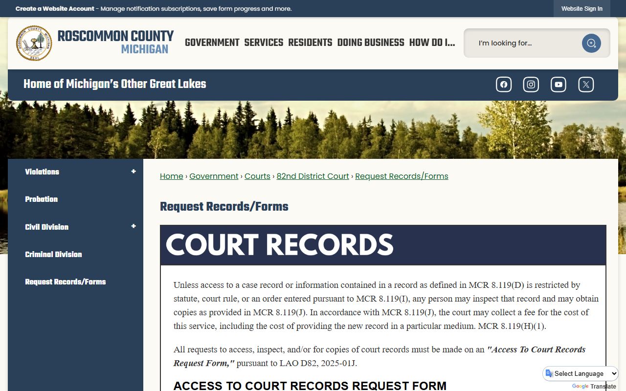 Roscommon County court records request forms on the 82nd District Court page