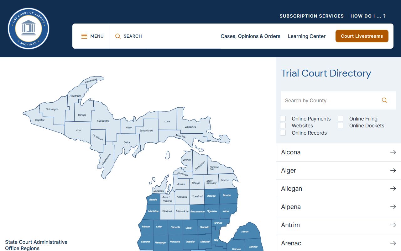 Roscommon County court records types listed in the Michigan trial court directory
