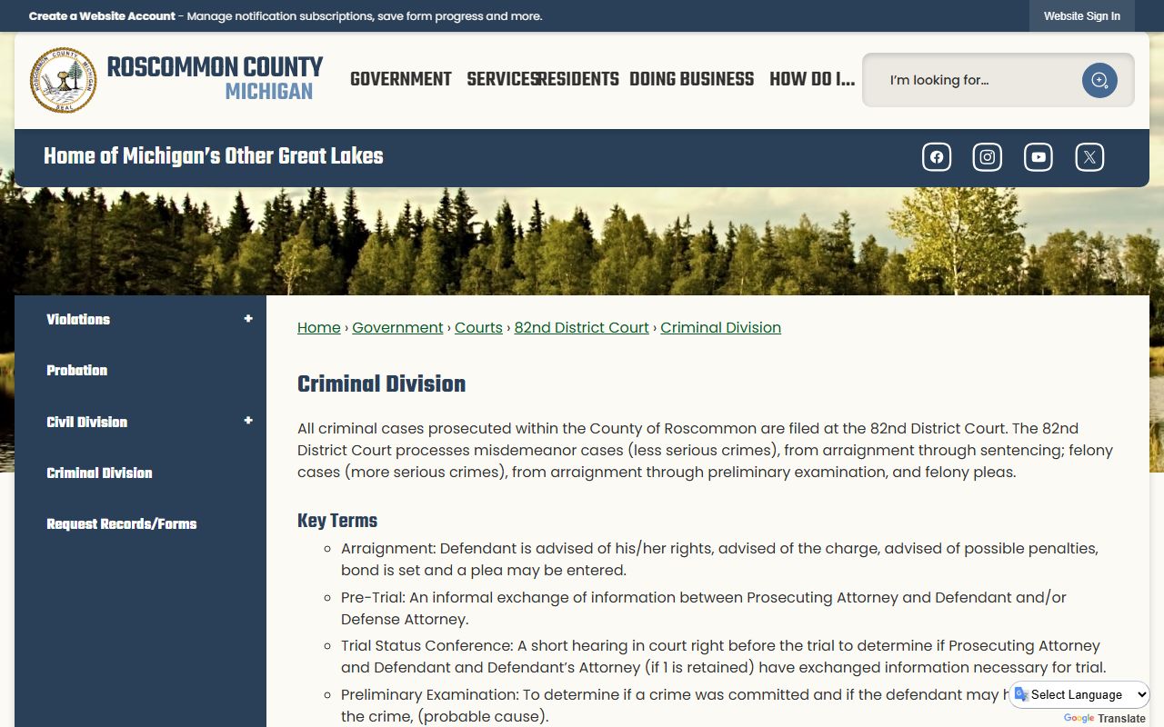 Roscommon County criminal court records at the 82nd District Court Criminal Division