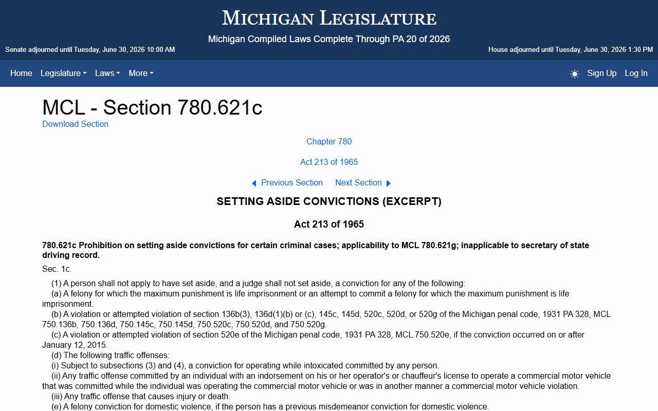 Roscommon County criminal court records set-aside traffic exclusions in Michigan