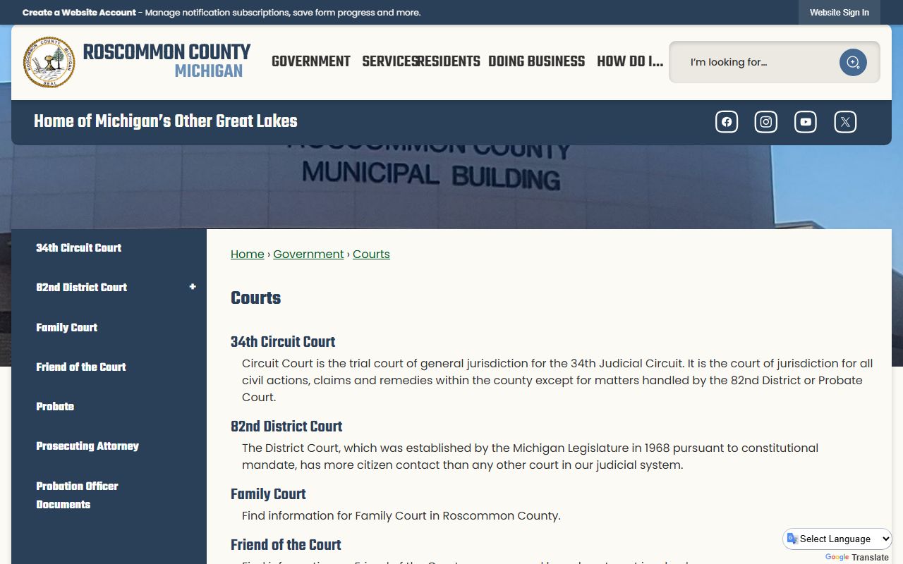 Roscommon County court records landing page listing each court type