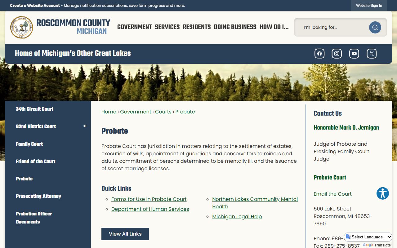 Roscommon County probate court records jurisdiction and contacts