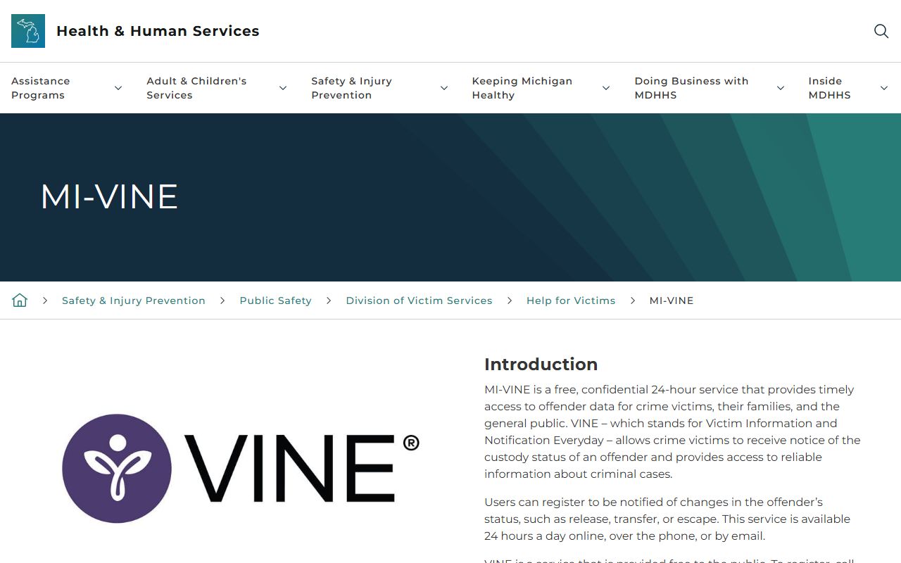 MI-VINE custody notification for Roscommon County inmate records