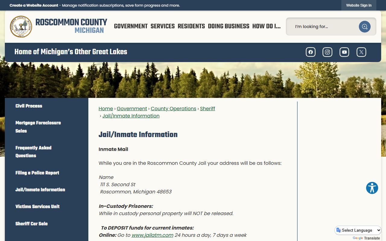 Roscommon County jail inmate records and custody information page