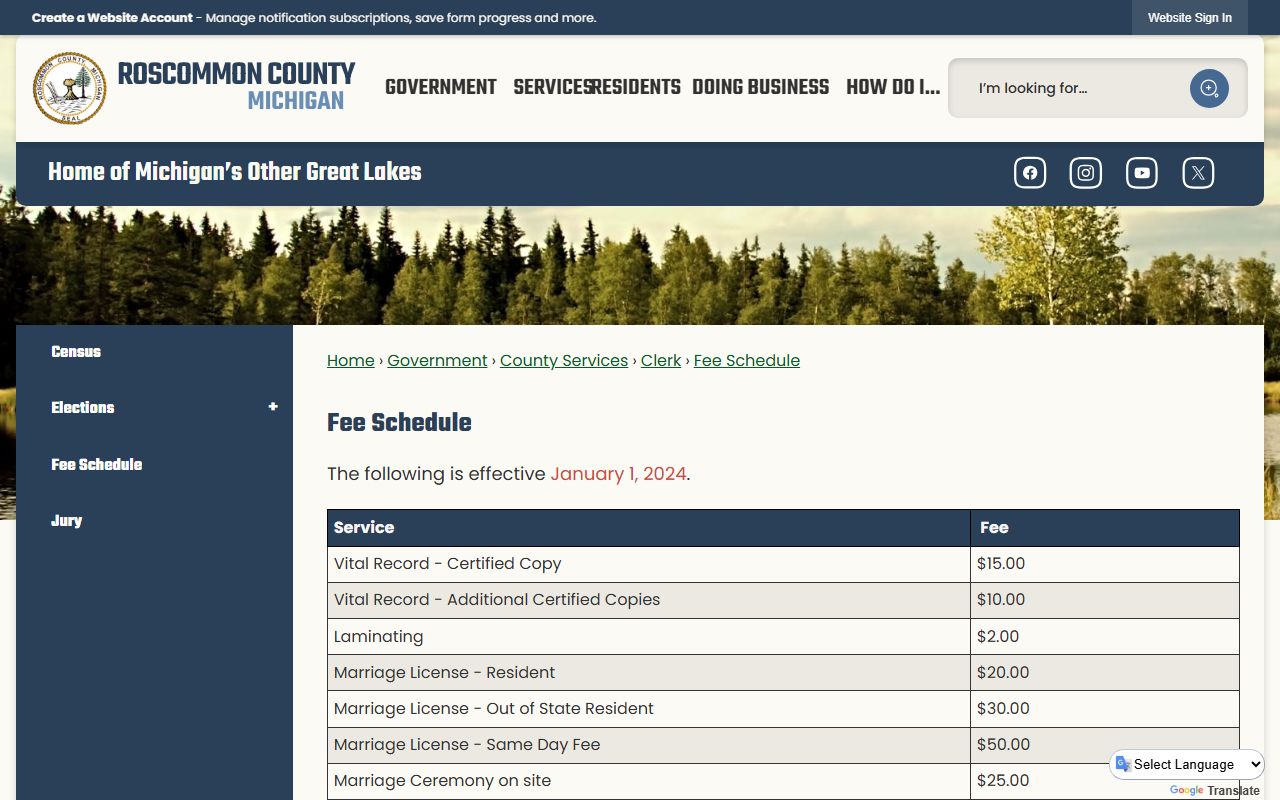 Roscommon County marriage and divorce records clerk fee schedule