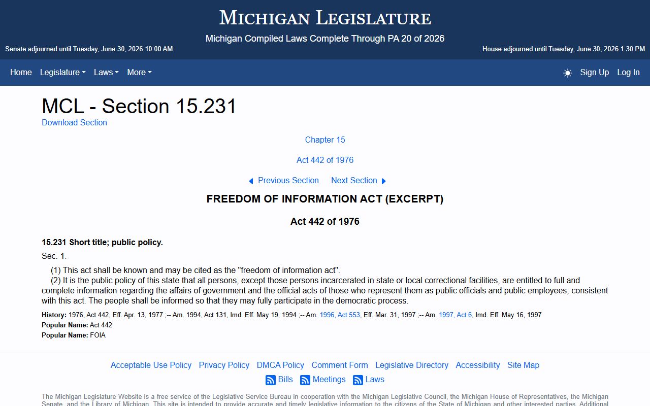 Roscommon County divorce records confidentiality under Michigan FOIA statute