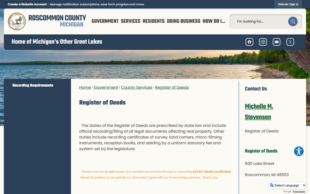 Roscommon County marriage records office and Register of Deeds fees