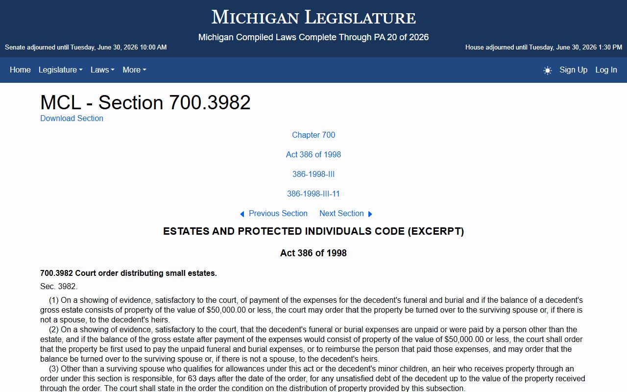 Roscommon County probate records small estate Michigan statute