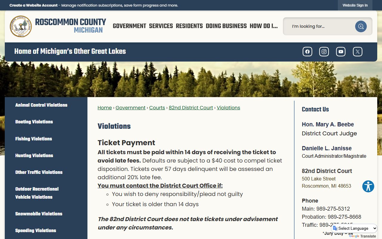 Roscommon County traffic court records violations page for the 82nd District Court