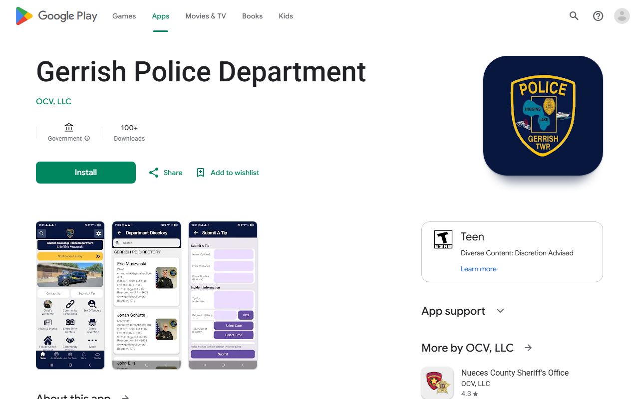 Roscommon County traffic records source, Gerrish Police Department app listing