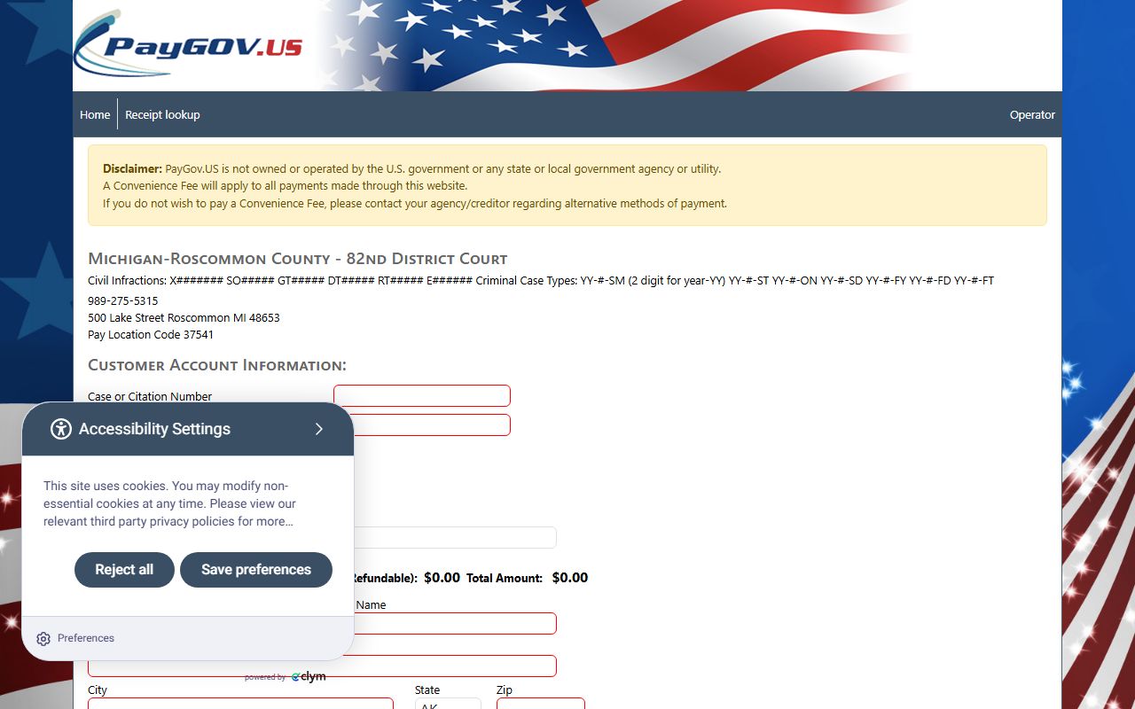 Roscommon County traffic records payment portal, PayGov 82nd District Court page