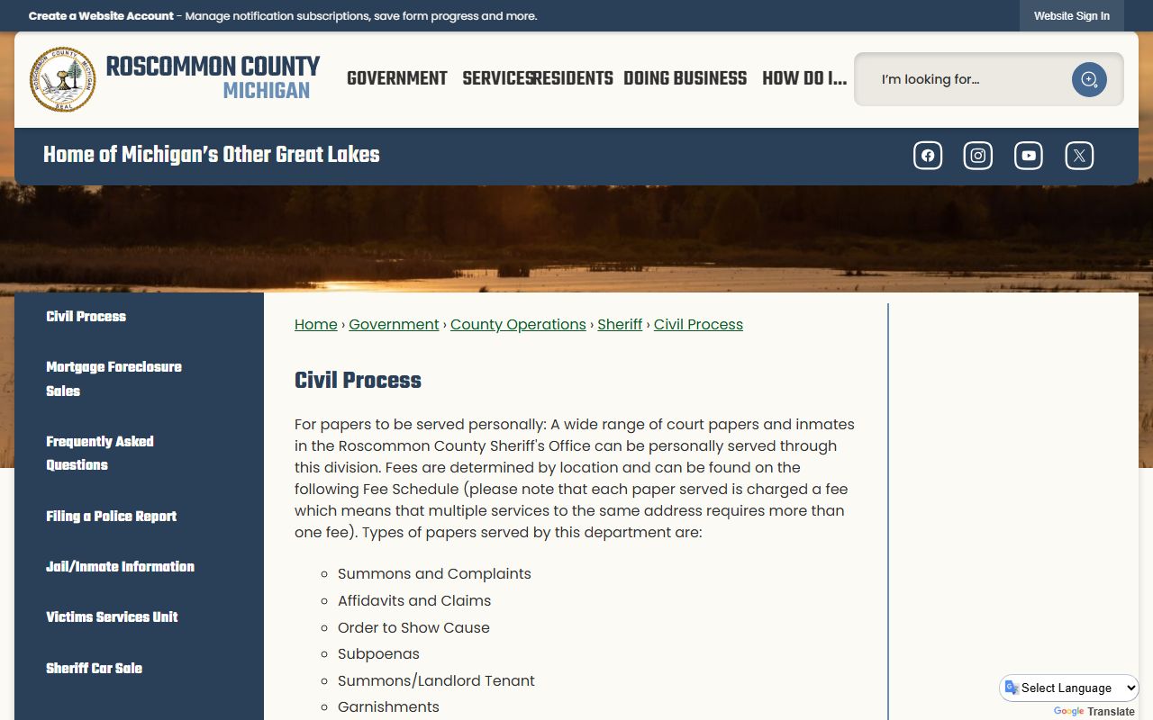 Roscommon County warrant and Sheriff civil process page
